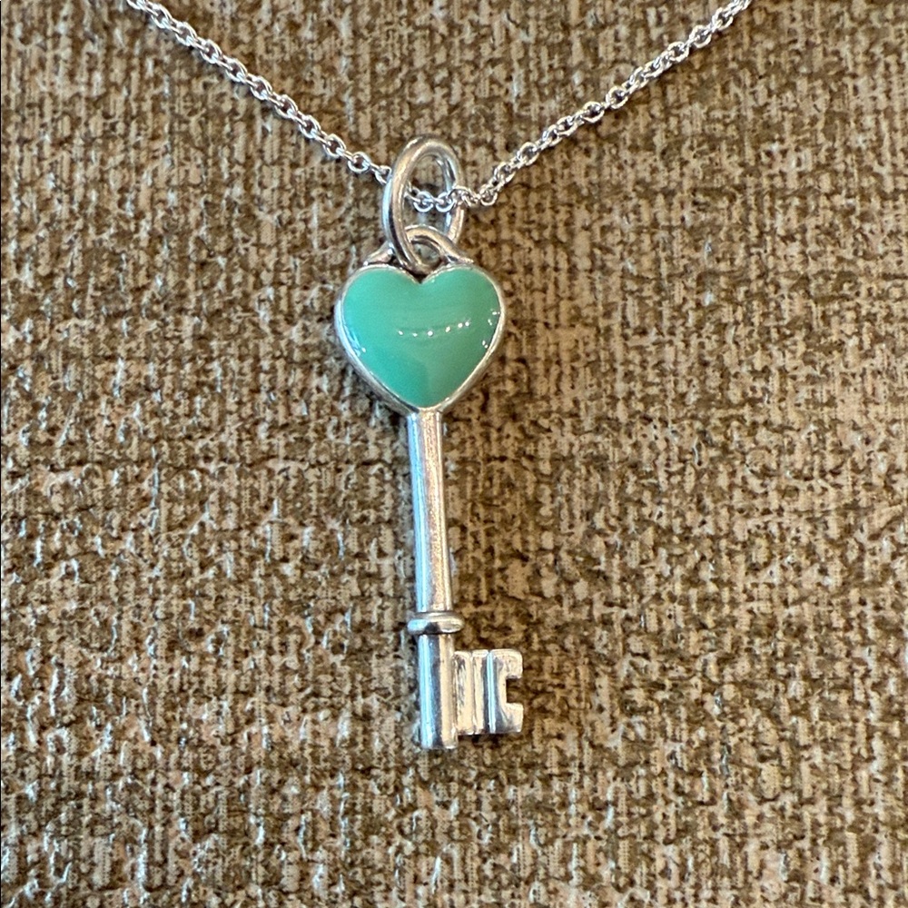 Tiffany & Co. Sterling Silver Blue Heart Key Pendant with 16-Inch Chain - Picture 3 of 7